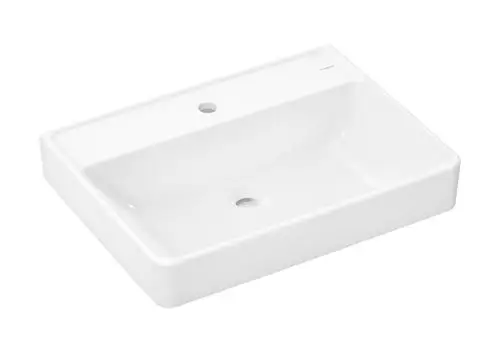 Rechteckiger Waschbecken aus weißem Material, ausgestattet mit einem Hahnloch. Hergestellt von Hansgrohe für den Einsatz im Badezimmer.